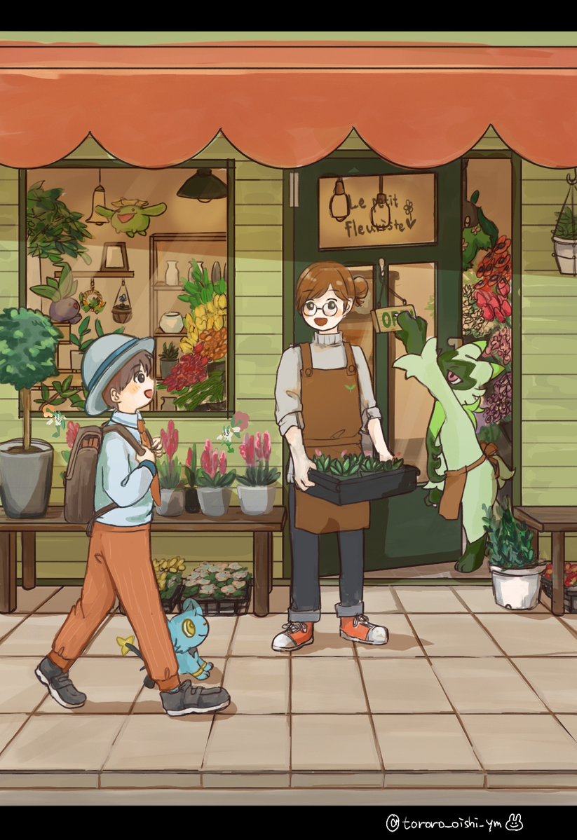 1boy 1girl :d apron backpack bag black_eyes black_footwear black_pants brown_apron brown_bag brown_eyes brown_hair collared_shirt converse floette floette_(orange_flower) floette_(red_flower) floragato florian_(pokemon) flower flower_shop gen_1_pokemon gen_2_pokemon gen_4_pokemon gen_6_pokemon glasses hair_bun hat holding letterboxed long_sleeves naranja_academy_school_uniform necktie nintendo oddish open_door open_mouth open_sign orange_flower orange_necktie orange_pants orange_shoes outdoors pants plant pokemon pokemon_(creature) pokemon_sv potted_plant purple_flower red_flower school_uniform shadow shelf shinx shirt shoes shop short_hair single_hair_bun skiploom smile standing striped_clothes striped_pants swept_bangs table tororo_oishi_ym twitter_username vertical-striped_clothes vertical-striped_pants walking white_flower white_hat white_shirt wooden_table wormadam wormadam_(plant) yellow_flower