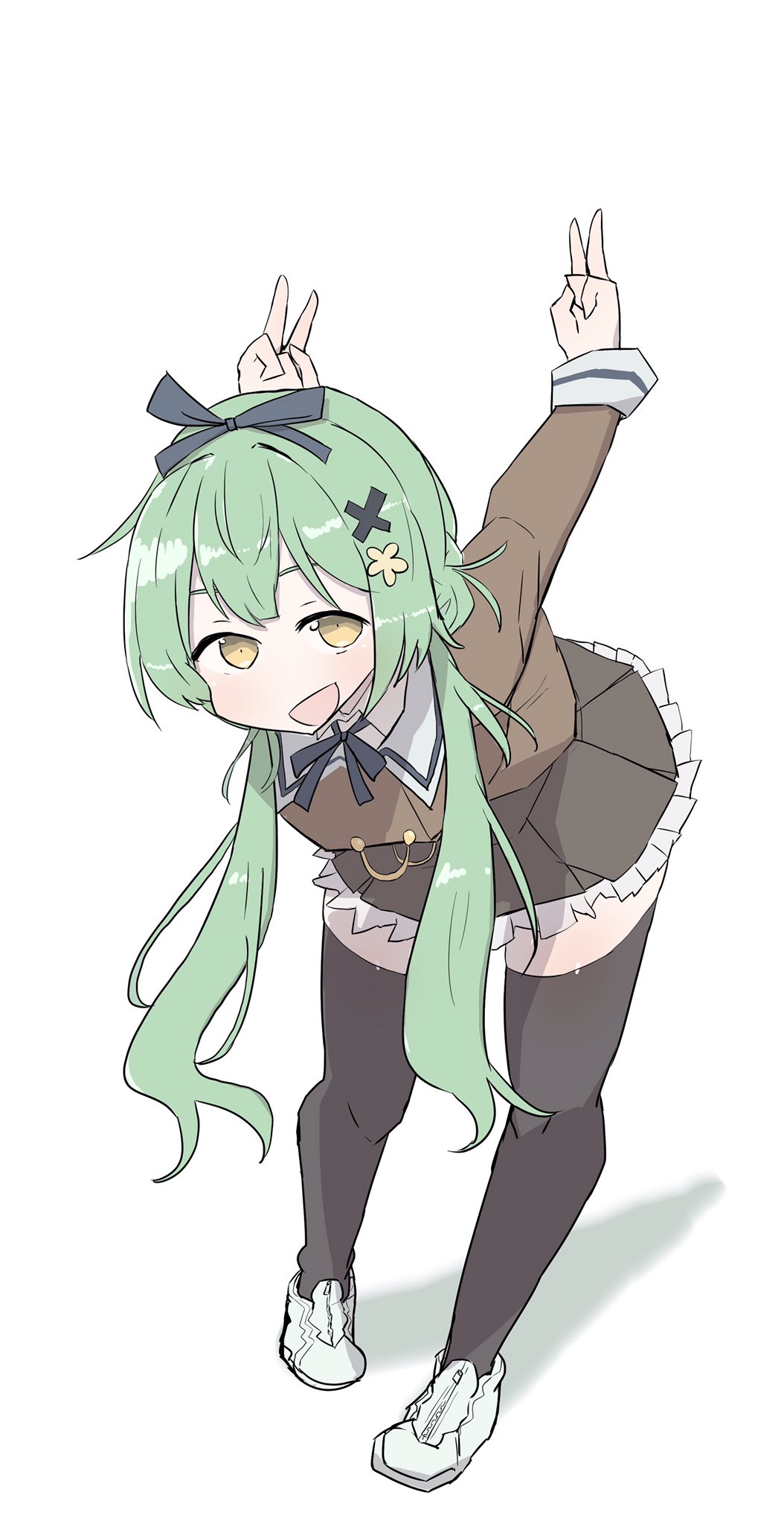 1girl :d arms_behind_back arms_up assault_lily black_ribbon black_thighhighs brown_jacket brown_skirt commentary_request cropped_jacket double_v flower frilled_skirt frills full_body green_hair hair_flower hair_ornament hair_ribbon highres jacket leaning_forward long_hair long_sleeves looking_at_viewer low_twintails miniskirt neck_ribbon open_mouth outstretched_arms pleated_skirt ribbon school_uniform shoes simple_background skirt smile sneakers solo standing thighhighs twintails ueda_imari unbabaa v white_background white_shoes x_hair_ornament yellow_eyes yellow_flower zettai_ryouiki zipper_footwear zipper_pull_tab