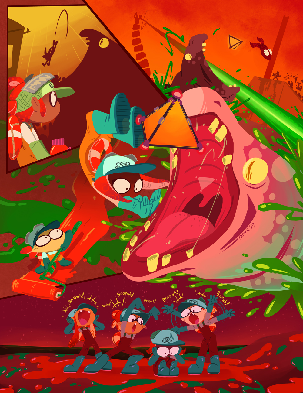 +++ 2boys 2girls afterimage arms_up artist_name baseball_cap blue_footwear blue_gloves blue_headwear boots chum_(splatoon) colored_sclera constricted_pupils dark-skinned_female dark-skinned_male dark_skin dated english_text fang fangs flat_chest full_body gloves gradient_sky green_gloves green_headwear hands_on_own_cheeks hands_on_own_face hands_up happy hat head_back highres inkling inkling_boy inkling_girl inkling_player_character legs_apart lifebuoy long_sleeves looking_at_another looking_down maws_(splatoon) motion_lines multiple_boys multiple_girls multiple_views nintendo octoling octoling_girl octoling_player_character open_mouth orange_eyes orange_hair orange_overalls outdoors outstretched_arms overalls own_hands_together pointing pointing_at_another pointy_ears prodigalbeam red_overalls red_sky saliva salmon_run_(splatoon) scared shirt sidelocks signature sitting sky slime_(substance) slit_pupils smile splat_bomb_(splatoon) splat_roller_(splatoon) splatoon_(series) splatoon_2 splattershot_(splatoon) standing stinger_(splatoon) suction_cups swim_ring talking teeth tentacle_hair tentacles topknot waving_arms white_shirt yellow_sclera