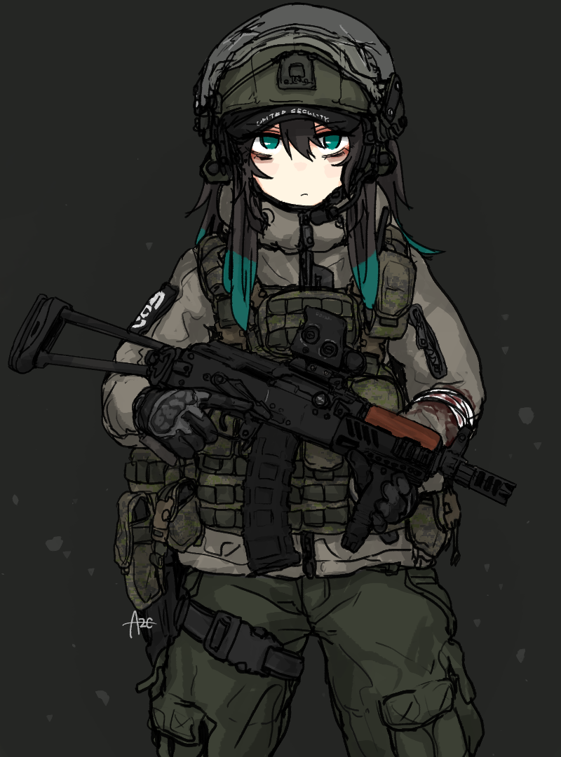 1girl aks-74u ammunition_pouch assault_rifle aze_(tyranno-link) bandaged_arm bandages black_hair blood blood_on_clothes bulletproof_vest cargo_pants escape_from_tarkov frown green_eyes green_hair gun handgun helmet holster jacket kalashnikov_rifle looking_at_viewer military_combat_uniform military_uniform multicolored_hair optical_sight pants pouch rifle solo streaked_hair thigh_holster trigger_discipline walkie-talkie weapon