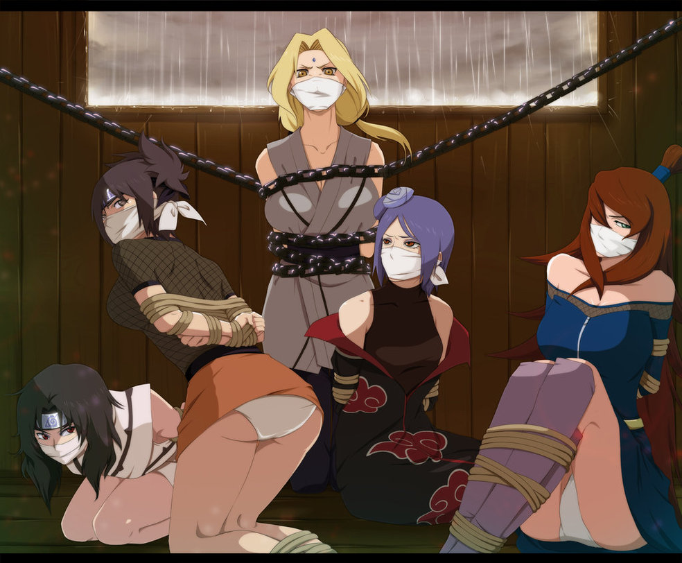 annria2002, konan (naruto), mitarashi anko, terumi mei, tsunade (naruto),  yuuhi kurenai, naruto (series), 5girls, arms behind back, ass, bdsm, black  hair, blonde hair, blue hair, bondage, bound, bound arms, bound legs, chain,