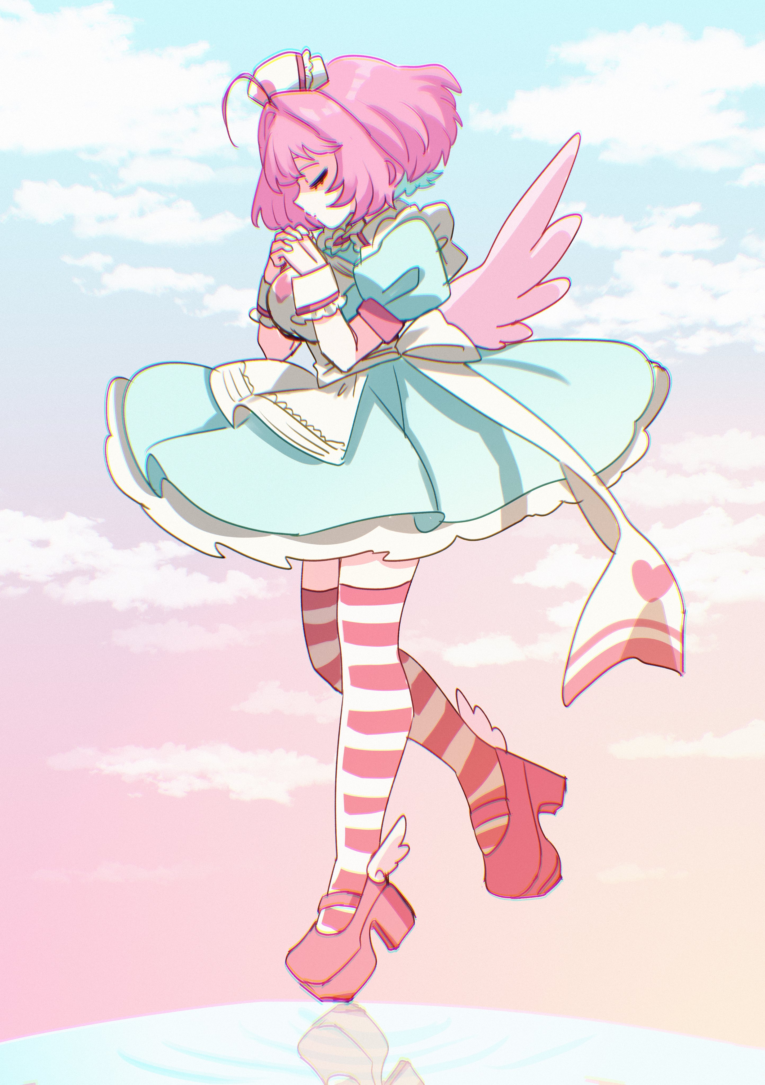 1girl absurdres apron aqua_dress aqua_hair blue_sky breasts cardcaptor_sakura chromatic_aberration closed_eyes cloud cloudy_sky colored_inner_hair dress gradient_sky hat heart heart_print highres idolmaster idolmaster_cinderella_girls idolmaster_cinderella_girls_starlight_stage large_breasts multicolored_hair nurse_cap own_hands_together pink_hair pink_shoes pink_sky pink_thighhighs pink_wings shoes short_sleeves sky solo striped_clothes striped_thighhighs sukoyaka_(100hituzi) thighhighs thighs two-tone_hair two-tone_thighhighs wet_hat white_apron white_thighhighs white_wrist_cuffs winged_shoes wings wrist_cuffs yumemi_riamu