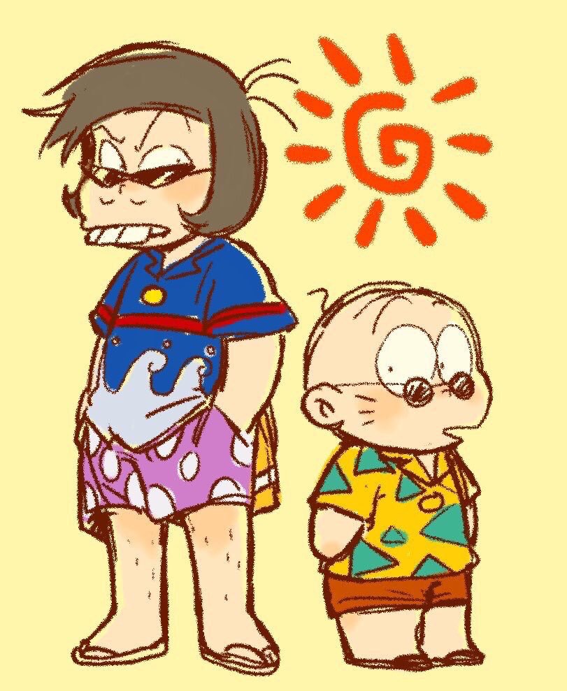 2boys bald blue_shirt brown_hair buck_teeth chibi facial_hair facial_mark hands_in_pockets hawaiian_shirt holding holding_towel leg_hair looking_at_another male_focus multiple_boys mustache orange_shorts osomatsu-kun osomatsu_(series) purple_shorts sandals shirt shorts simple_background sun sunglasses teeth towel tsubuta_hiro whisker_markings yellow_background yellow_shirt