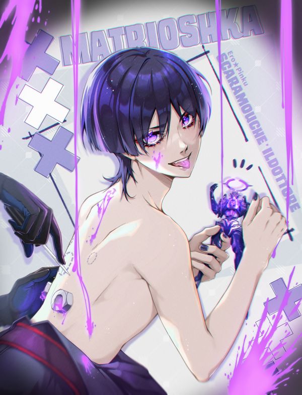 1boy action_figure bare_arms bare_back bare_shoulders black_gloves black_hair black_kimono blunt_ends character_name clothes_down cutting dottore_(genshin_impact) ero_pinku eyeliner eyeshadow from_side genshin_impact gloves holding holding_scalpel holding_toy hole_in_back japanese_clothes kimono lower_eyelashes_only makeup male_focus mecha multicolored_hair notice_lines nut_(hardware) pink_eyes pink_hair pink_liquid purple_nails purple_sash red_eyeliner red_eyeshadow red_sash robot sash scalpel scaramouche_(genshin_impact) scaramouche_(shouki_no_kami)_(genshin_impact) streaked_hair teeth tongue tongue_out topless_male toy tsurime upper_teeth_only