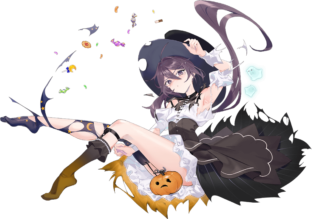 1girl akebono_(halloween)_(kancolle) akebono_(kancolle) black_hat candy chain convenient_censoring cookie corset crescent_print cup dress drew_(drew213g) food full_body grey_shoes halloween_costume hat jack-o&#039;-lantern_ornament kantai_collection long_hair mismatched_shoes official_art orange_shoes purple_eyes purple_hair shoes side_ponytail striped_hat teacup third-party_source top_hat torn_clothes transparent_background white_dress