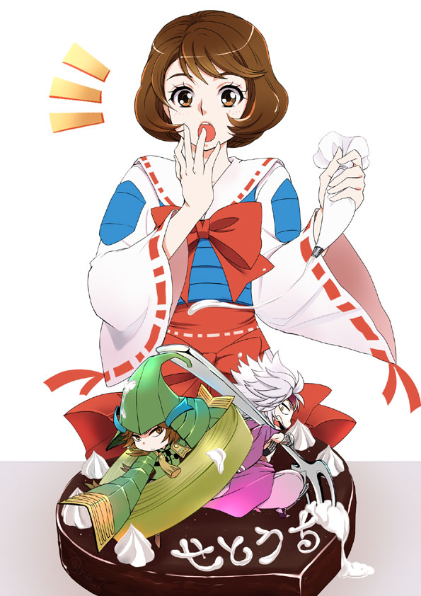 1girl 2boys :o bow bowtie brown_hair cake chibi chousokabe_motochika_(sengoku_basara) food hakama hakama_short_skirt hakama_skirt holding holding_pastry_bag japanese_clothes light_blush looking_at_another looking_down mouri_motonari_(sengoku_basara) multiple_boys murakami_nana notice_lines pastry_bag red_bow red_bowtie red_hakama sailor_collar sengoku_basara short_hair simple_background skirt tsuruhime_(sengoku_basara) white_background white_hair white_sailor_collar wide_sleeves