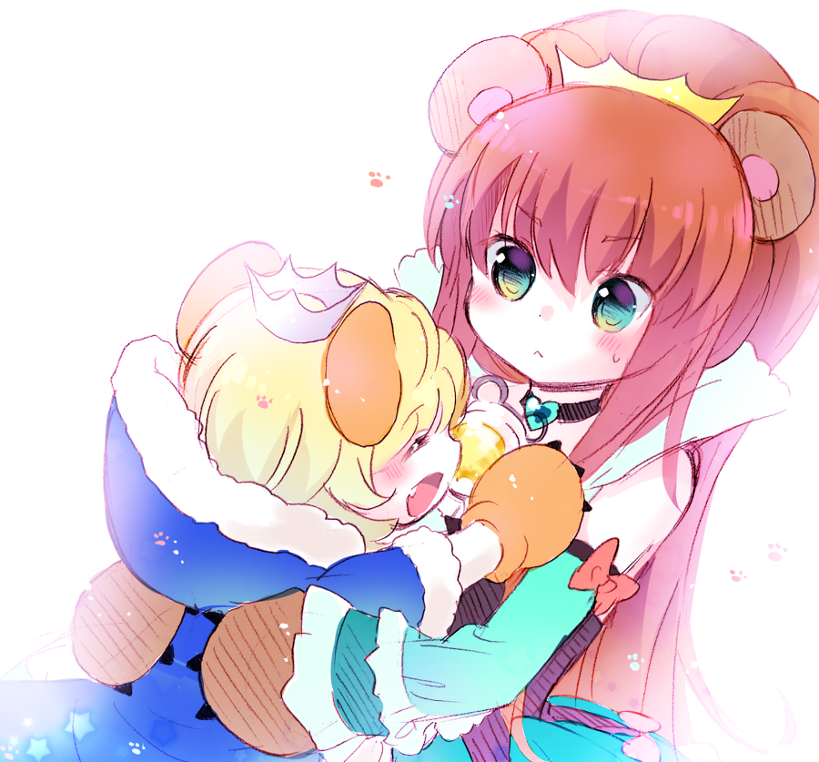 2girls :&lt; animal_hands bear_girl blonde_hair blue_coat blush closed_eyes coat crown detached_sleeves dot_nose fang fur-trimmed_coat fur_trim gloves green_eyes hood hood_down long_hair mirun multiple_girls paw_gloves simple_background sweatdrop tarabagani white_background yuri_kuma_arashi yurigasaki_lulu
