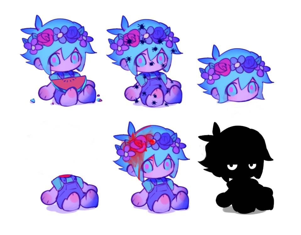 2boys antenna_hair arms_at_sides barefoot basil_(headspace)_(omori) basil_(omori) blood blue_eyes blue_hair blue_shirt bug chibi chibi_only double-parted_bangs flower flower_wreath food fruit hair_between_eyes head_wreath headless jitome leaf looking_at_viewer male_focus multiple_boys multiple_views no_mouth omori on_lap overall_shorts overalls pink_pupils purple_flower purple_overalls purple_rose red_flower red_rose rose severed_head shangtiansi shirt short_hair short_sleeves simple_background sitting spider spoilers stranger_(omori) watermelon watermelon_slice white_background white_eyes
