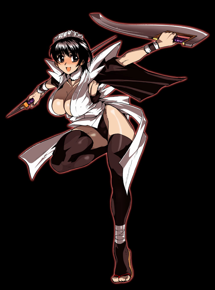 1girl black_hair breasts butterfly_swords cleavage ez6 female_focus highleg highleg_leotard holding holding_weapon iroha_(samurai_spirits) large_breasts leotard leotard_under_clothes maid maid_headdress samurai_spirits shiny_skin weapon