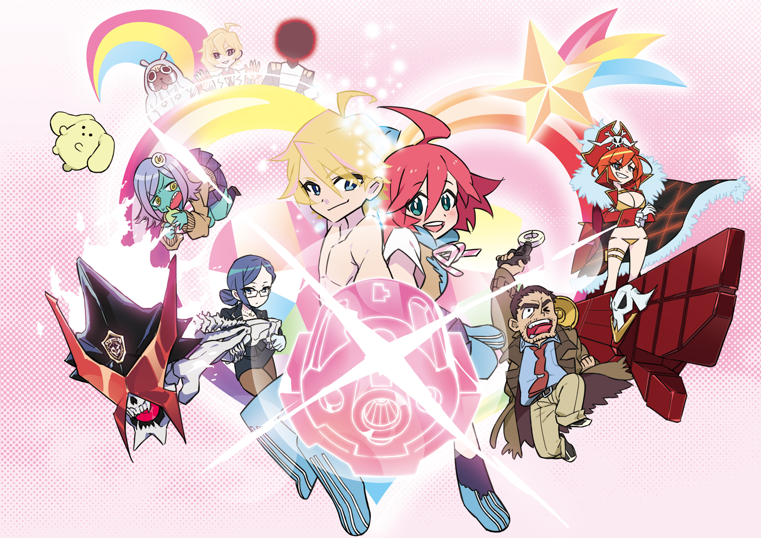 10s 4girls 5boys alpha_omega_nova blackholian coat gun guts_(kill_la_kill) hat heart ichiko_(kimini) keiji_(uchuu_patrol_luluco) kill_la_kill lalaco_godspeed life_fiber long_coat luluco midori_(uchuu_patrol_luluco) multiple_boys multiple_girls over_justice pirate_hat police_hat school_uniform secretary_(uchuu_patrol_luluco) smile spoilers stuffed_animal stuffed_toy topless_male trench_coat trigger-chan uchuu_patrol_luluco weapon wooser_(character) wooser_no_sono_higurashi