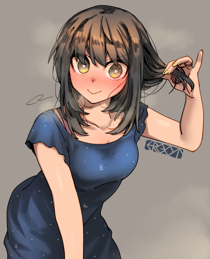 1girl anchor_symbol arm_support blue_dress blush bra_strap breasts brown_hair collarbone commentary_request cowboy_shot dress ergot fubuki_(kancolle) fubuki_(spring)_(kancolle) green_eyes green_nails grey_background hair_tie hand_up kantai_collection looking_at_viewer medium_breasts medium_hair signature simple_background smile solo steam untying_hair