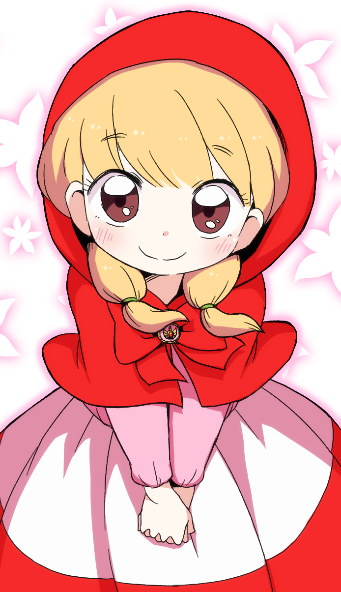 1girl akazukin_chacha blonde_hair blush brown_eyes capelet chacha_(akazukin_chacha) closed_eyes dokan_(dkn) dress highres hood hood_up long_hair looking_at_viewer own_hands_clasped own_hands_together red_capelet red_hood smile solo twintails white_background white_dress