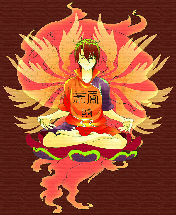 1boy amagai_rihito barefoot brown_hair closed_mouth full_body hair_between_eyes indian_style leuco light_wing male_focus orange_shirt red_background shirt shorts sitting soccer_uniform solo sportswear