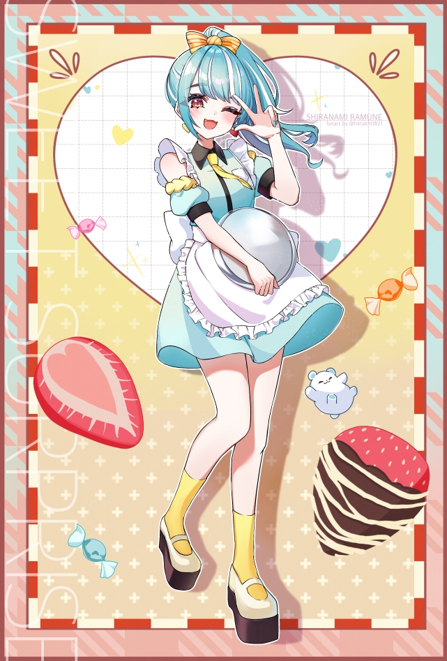 1girl apron blue_hair blue_nails blush bow candy character_name fang food fruit full_body hair_bow hana_s looking_at_viewer maid multicolored_hair necktie one_eye_closed open_mouth orange_eyes platform_shoes ponytail shiranami_ramune shoes socks solo strawberry streaked_hair twitter_username two-tone_hair virtual_youtuber vspo! w waist_apron white_hair yellow_necktie yellow_socks