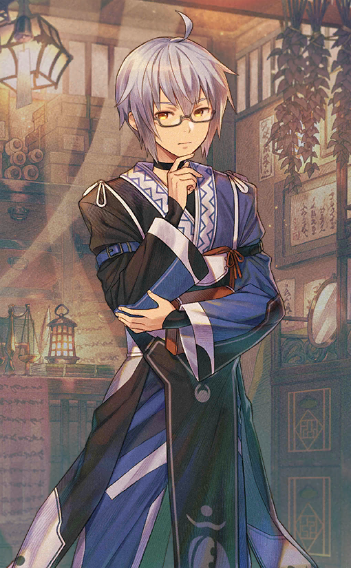 1boy ahoge black_sleeves black_tabard blue_kimono closed_mouth finger_to_own_chin fingernails glasses grey-framed_eyewear hand_on_own_arm indoors japanese_clothes kimono kourindou layered_sleeves long_sleeves looking_at_viewer male_focus morichika_rinnosuke moryo official_art shop short_hair sleeve_garter solo tabard third-party_source touhou touhou_cannonball white_hair wide_sleeves yellow_eyes