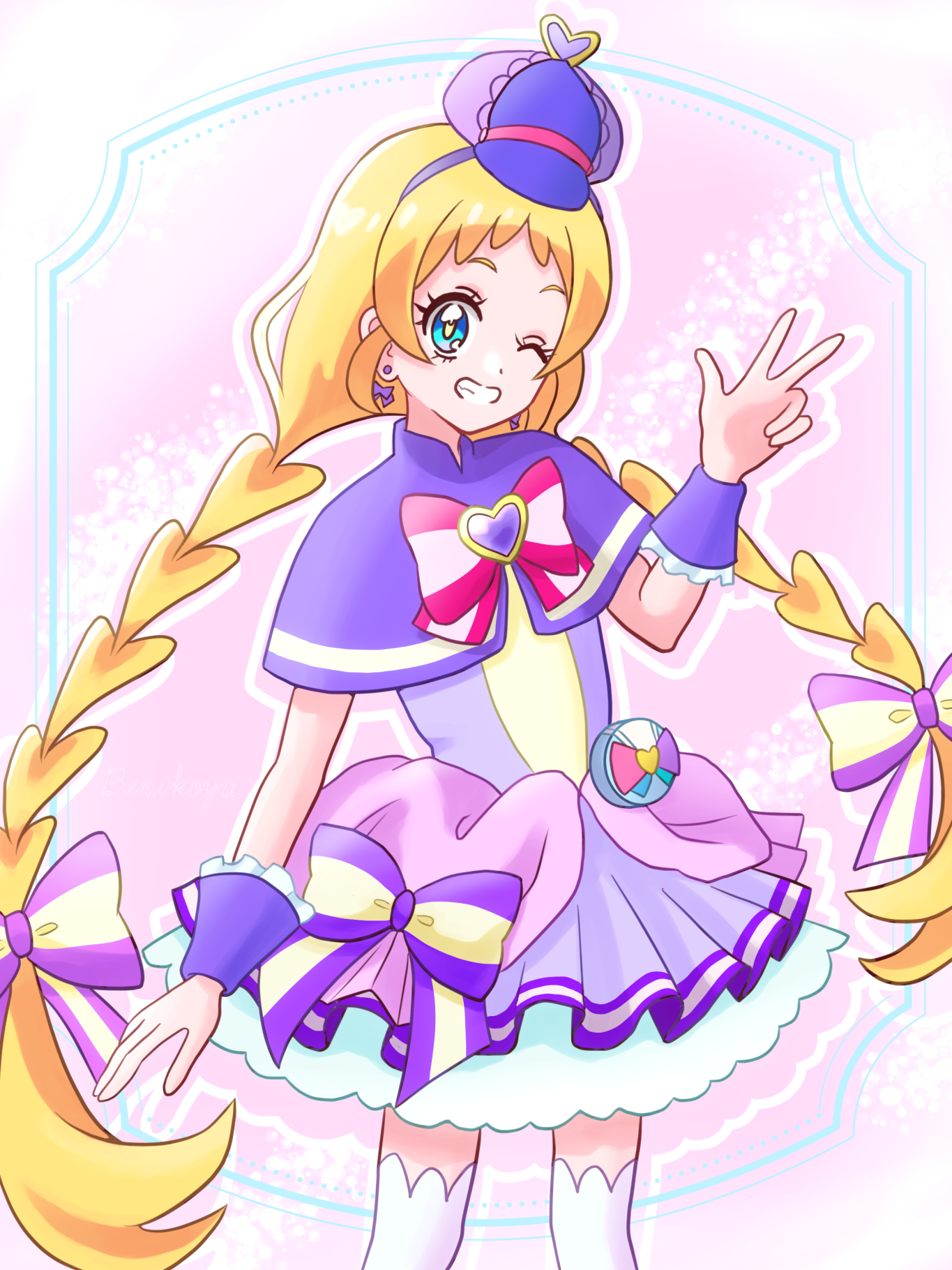 1girl ;d benikoya blonde_hair blue_eyes bow bow_earrings braid bright_pupils brooch capelet chest_bow commentary cowboy_shot cure_friendy deerstalker dot_nose dress dress_bow earrings flat_cap frilled_wrist_cuffs frills grin hair_bow hairband hand_up hat hat_ornament heart heart_brooch heart_hat_ornament highres inukai_iroha jewelry light_particles long_hair looking_at_viewer low-tied_long_hair low_twin_braids magical_girl multicolored_bow one_eye_closed open_mouth pact_holder petticoat pink_background pink_bow pouch precure purple_bow purple_capelet purple_dress purple_hairband purple_hat purple_wrist_cuffs short_dress sleeveless sleeveless_dress smile solo striped_bow striped_capelet thighhighs tilted_headwear twin_braids very_long_hair w white_petticoat white_thighhighs wonderful_pact wonderful_precure! wrist_cuffs yellow_pupils zettai_ryouiki