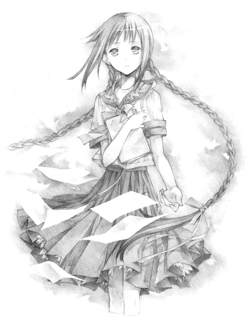 1girl amano_tohko amano_tooko black_hair book bow braid bungaku_shoujo cropped_legs dekatanaba female_focus greyscale highres jpeg_artifacts long_hair monochrome paper ribbon school_uniform serafuku sketch skirt solo traditional_media twin_braids twintails very_long_hair