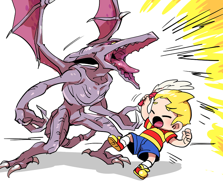 1boy bare_arms blonde_hair blue_shorts child closed_eyes commentary_request denim denim_shorts dragon emphasis_lines falling full_body holding holding_wand indoors kneehighs light_blush lucas_(mother_3) male_focus metroid mother_(series) mother_3 motion_lines multicolored_shoes nintendo open_mouth red_shirt red_shoes ridley roaring scared shadow sharp_teeth shirt shoes short_hair short_sleeves shorts sneakers socks striped_clothes striped_shirt suno_(imydream) super_smash_bros. t-shirt teeth thick_eyebrows tongue two-tone_shirt two-tone_shoes wand white_background white_socks wings yellow_shirt yellow_shoes