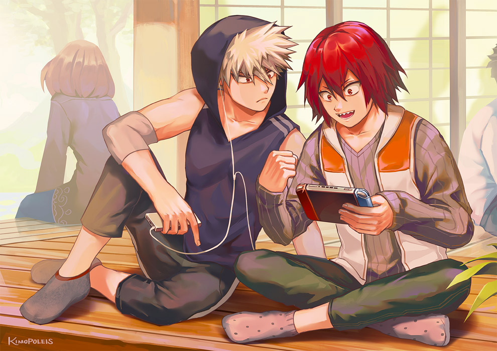 1girl 3boys alternate_hairstyle artist_name bakugou_katsuki blonde_hair blue_hoodie boku_no_hero_academia commentary digital_media_player friends hair_between_eyes handheld_game_console holding holding_handheld_game_console hood hoodie ipod kimopoleis kirishima_eijirou long_sleeves multiple_boys muscular nintendo_switch pants pink_legwear red_eyes red_hair sharp_teeth short_hair sitting sleeveless sleeveless_hoodie smile socks spiked_hair striped_clothes striped_sweater sweater teeth tree uraraka_ochako v-shaped_eyebrows