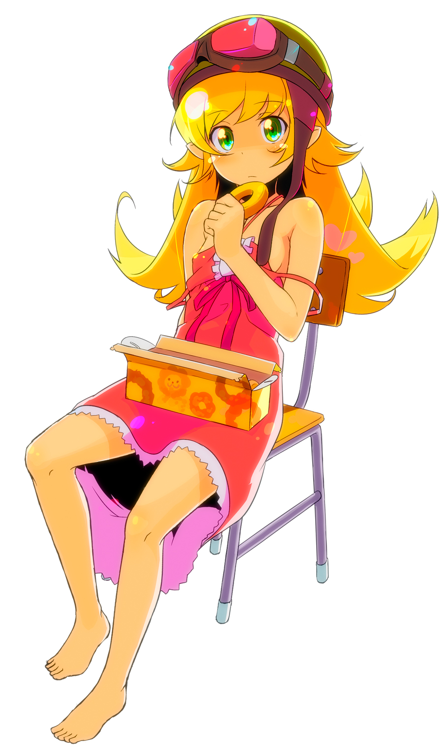 1girl bakemonogatari barefoot blonde_hair box breasts chair closed_mouth commentary_request convenient_censoring donut dot_nose dress eating feet food frilled_dress frills full_body goggles goggles_on_head green_eyes helmet highres holding long_hair looking_at_viewer monogatari_(series) nisemonogatari on_chair oshino_shinobu pilot_helmet pointy_ears red_dress simple_background sitting small_breasts solo sw_(taco) white_background