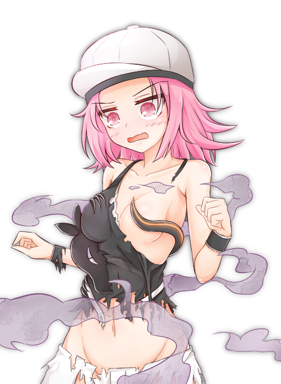 1girl aatsu bestiality blush newsboy_cap convenient_censoring gen_7_pokemon groin groping hat lizard medium_hair navel nintendo open_mouth pink_eyes pink_hair pokemon pokemon_(creature) pokemon_sm pokephilia punk_girl_(pokemon) salandit shorts sleeveless steam tank_top torn_clothes wristband