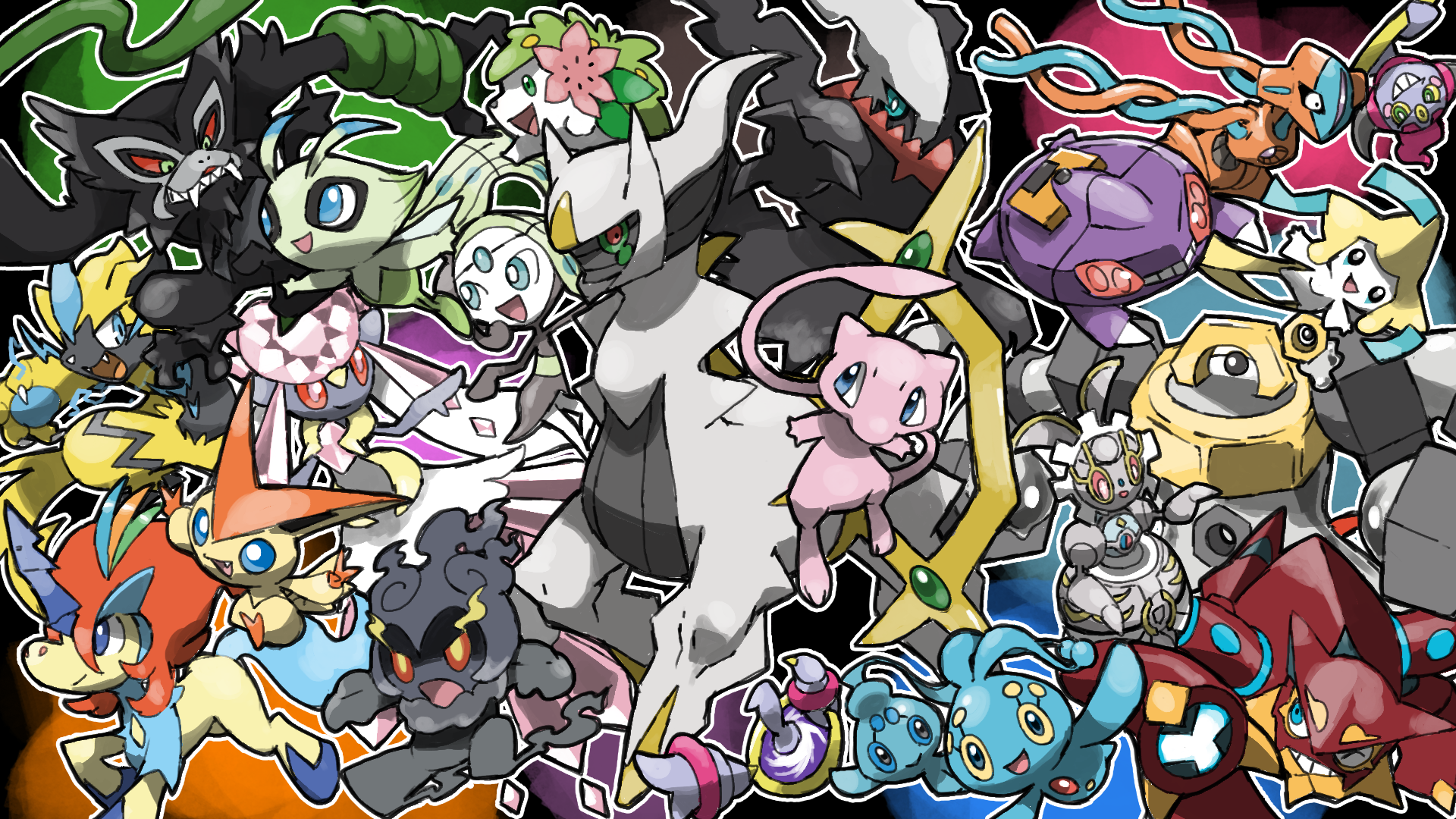 antennae arceus black_sclera blacknirrow blue_eyes blue_sclera celebi claws colored_sclera commentary creatures_(company) darkrai deoxys deoxys_(normal) diancie double_helix double_v electricity english_commentary eyelashes fairy_wings fangs flower game_freak gem gen_1_pokemon gen_2_pokemon gen_3_pokemon gen_4_pokemon gen_5_pokemon gen_6_pokemon gen_7_pokemon gen_8_pokemon genesect green_eyes green_sclera grin highres hoopa hoopa_(confined) horns jirachi keldeo keldeo_(resolute) legendary_pokemon magearna magearna_(normal) manaphy marshadow marshadow_(gloom) mega_diancie mega_pokemon melmetal meloetta meloetta_(aria) meltan mew_(pokemon) mythical_pokemon nintendo no_humans no_sclera nut_(hardware) open_mouth outline phione pink_flower pink_gemstone pokemon pokemon_(creature) portal_(object) rayman_limbs robot shaymin shaymin_(land) single_horn smile tail teeth v v-shaped_eyes victini volcanion white_outline wings yellow_sclera zarude zeraora