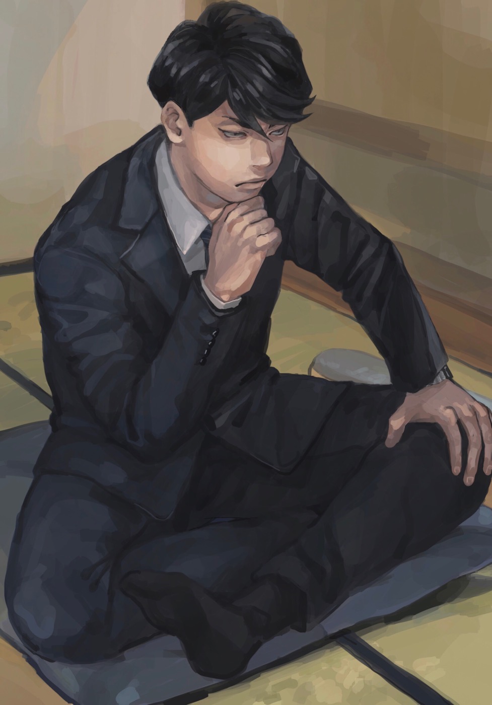 1boy black_hair black_pants black_suit crossed_legs cushion formal_clothes hand_on_own_knee highres indoors male_focus mtmr_0721 pants sangatsu_no_lion serious shigeta_morio short_hair solo suit tatami thinking
