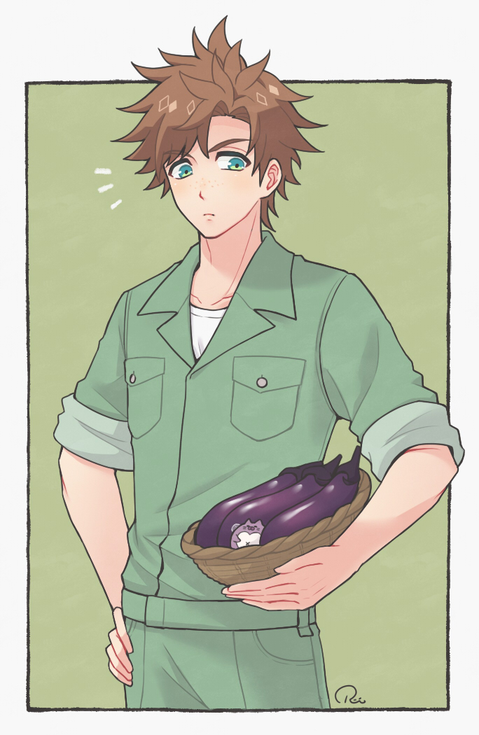 1boy basket border brown_hair closed_mouth collarbone dame_x_prince eggplant freckles green_background green_eyes green_pants gurimaru hand_on_own_hip holding holding_basket looking_at_viewer male_focus pants ruei_(chicking) simple_background solo theo_colton upper_body white_border