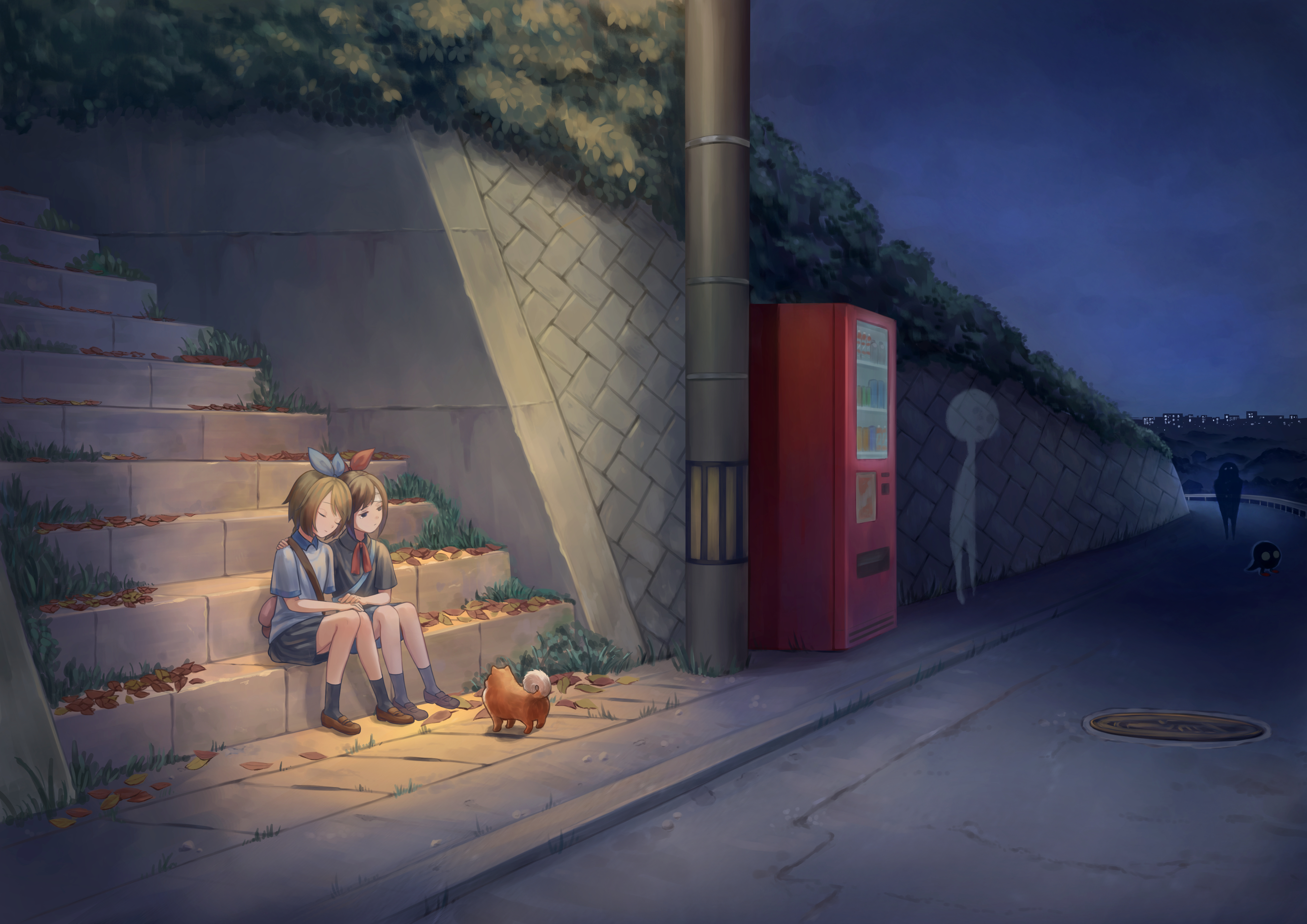 2girls absurdres animal ashitana autumn_leaves bag blue_ribbon brown_hair closed_eyes collared_shirt commentary_request creature dog full_body hair_ribbon haru_(yomawari) highres holding_hands horizon lamppost leaf loafers manhole_cover multiple_girls neck_ribbon night outdoors red_ribbon ribbon road shin_yomawari shirt shoes short_hair short_sleeves shoulder_bag sitting skirt sky socks spirit stairs street tearing_up utility_pole vending_machine yomawari_(series) yui_(yomawari)