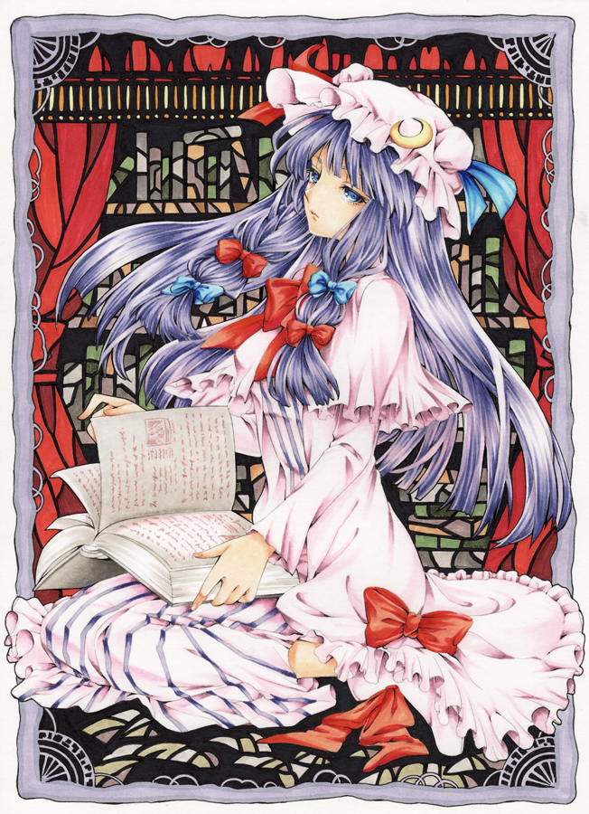 1girl bad_id bad_pixiv_id blue_eyes book bookshelf border bow crescent double_bin double_bun dress female_focus frown hair_bow hair_bun hat hat_ribbon long_hair mob_cap olmatown open_book patchouli_knowledge purple_hair ribbon robe sidelocks sitting solo striped_clothes striped_dress touhou very_long_hair wariza
