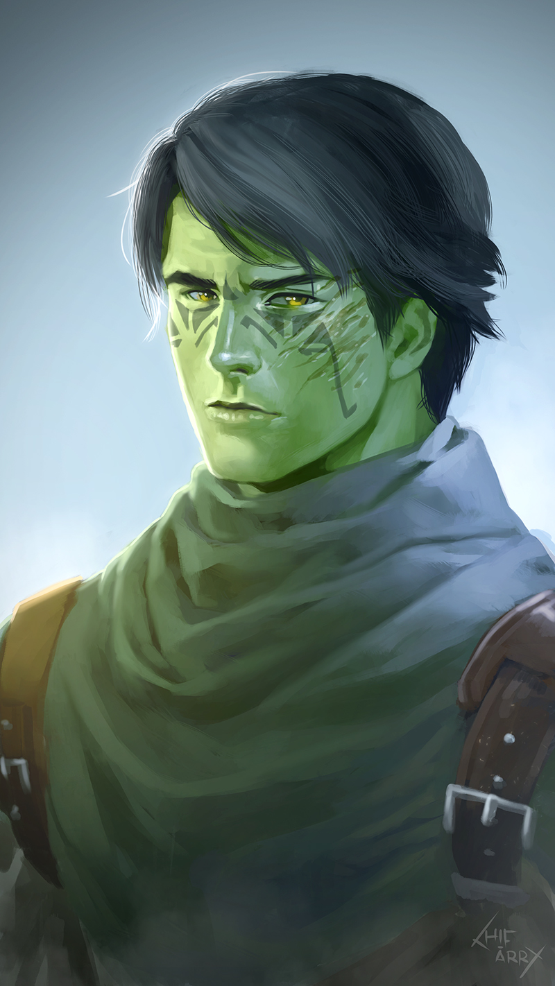 1boy alien artist_name backpack bag black_hair colored_skin facial_mark facial_scar green_shirt green_skin grey_background hifarry highres looking_at_viewer male_focus mirialan scar scar_on_cheek scar_on_face shirt short_hair solo star_wars upper_body yellow_eyes