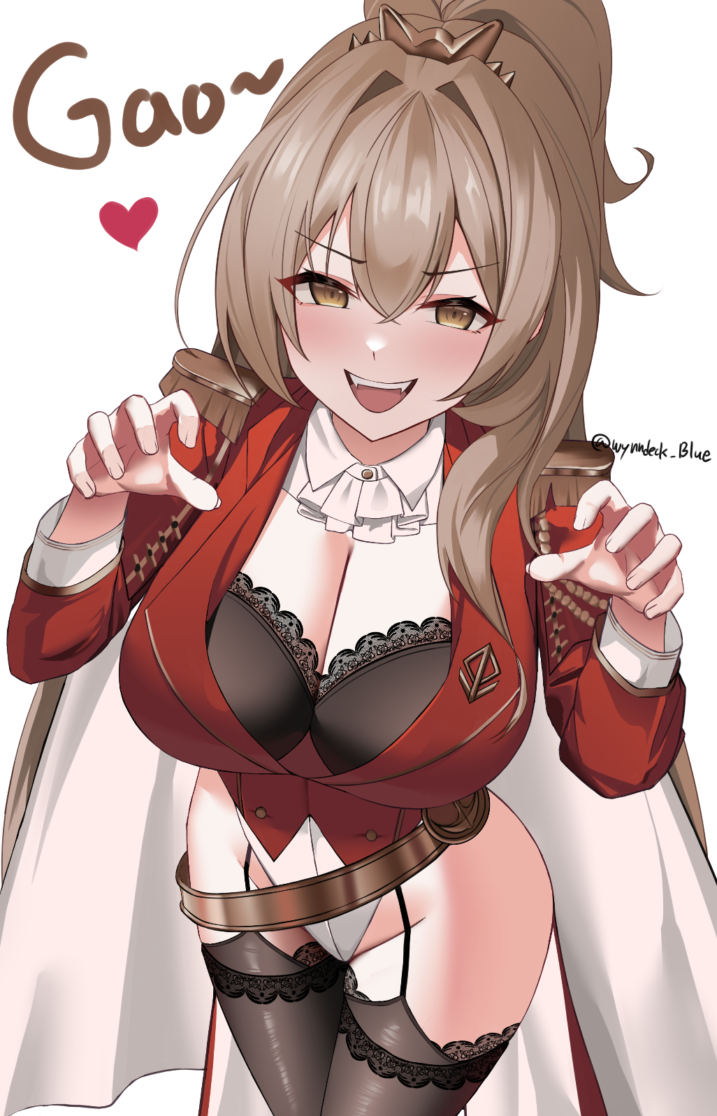1girl artist_name ascot azur_lane belt black_bra black_thighhighs blush bra breasts brown_hair buttons cape center_opening claw_pose cleavage commentary crossed_bangs epaulettes fangs gao garter_belt hair_between_eyes hair_intakes hands_up heart highleg highres jacket lace lace-trimmed_bra lace_trim large_breasts lion_(azur_lane) long_hair long_sleeves looking_at_viewer loose_belt open_mouth red_cape red_jacket sidelocks simple_background smile solo standing thigh_strap thighhighs two-sided_cape two-sided_fabric underwear very_long_hair white_ascot white_background wynnblue yellow_eyes