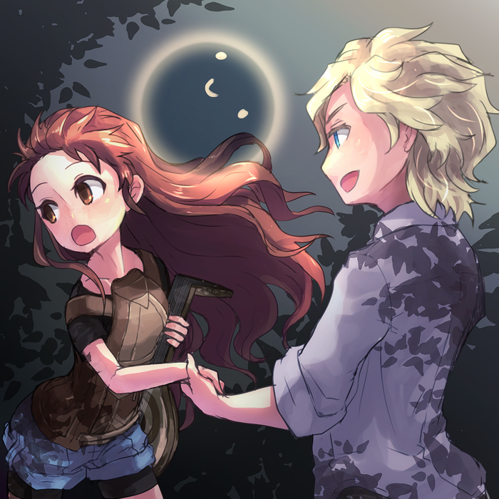 1boy 1girl bike_shorts black_shirt black_shorts blonde_hair blue_eyes blue_shorts brown_hair chestnut_mouth grey_shirt holding_hands holding isuzu_(log_horizon) log_horizon looking_at_another looking_away lunderhaus_cord mo_(deciliter) night open_mouth outdoors shirt short_shorts short_sleeves shorts shorts_under_shorts sleeves_rolled_up