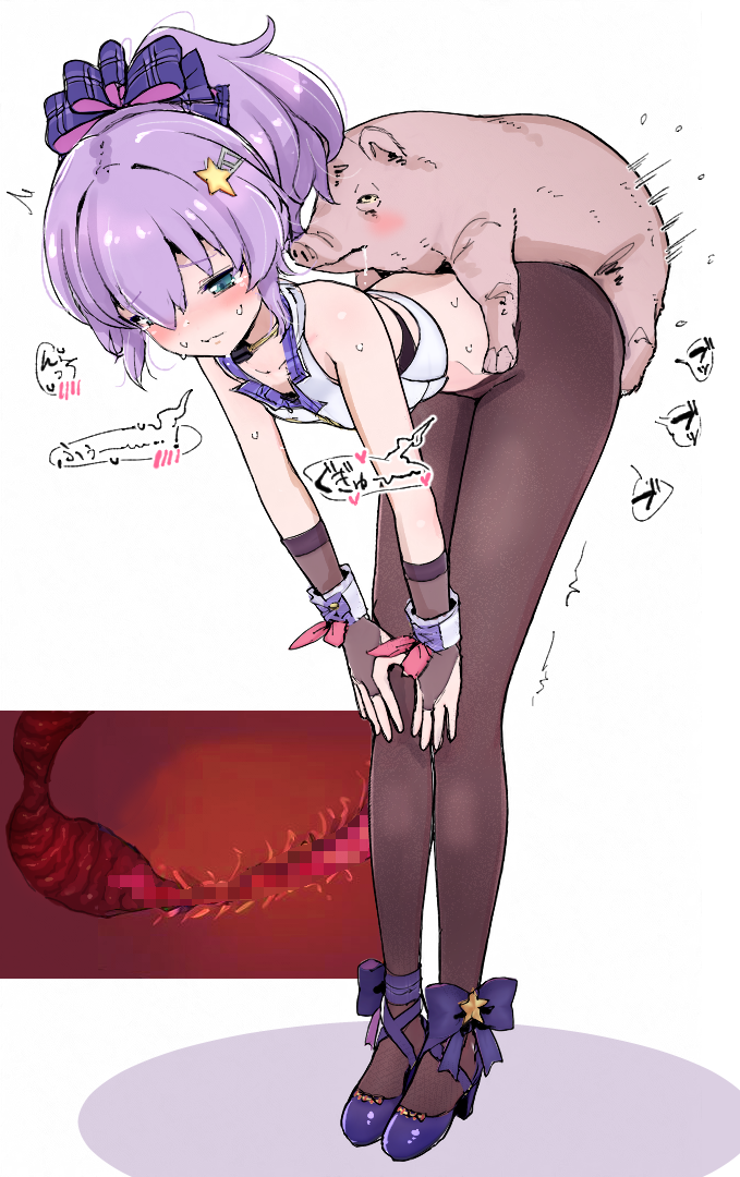 anal animal animal_penis azur_lane bare_shoulders bent_over bestiality black_bra blush bow bra bridal_gauntlets brown_bridal_gauntlets brown_pantyhose closed_mouth clothed_sex commentary_request cropped_vest cross-section drooling flat_chest footwear_bow frown full_body green_eyes hair_bow hair_ornament hands_on_own_knees headset hetero high_heels idol_clothes javelin_(azur_lane) javelin_(energetic_idol_@120_motivation!)_(azur_lane) kousakuin_(firstsatyam) legs_together looking_down medium_hair midriff moaning motion_lines no_panties no_pants nose_blush pantyhose partial_commentary penis pig pig_penis pink_bow plaid_bow ponytail purple_bow purple_hair purple_shoes rolling_eyes sex sex_from_behind shadow shoes short_ponytail simple_background size_difference sound_effects speech_bubble speed_lines spoken_blush standing standing_sex star_(symbol) star_hair_ornament strappy_heels sweat twitching underwear vest white_background white_vest wrist_cuffs