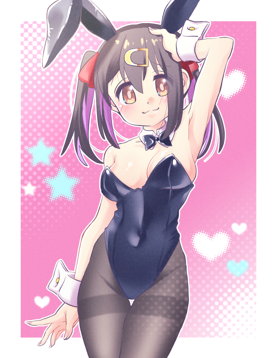 1girl :3 alternate_costume animal_ears arm_up armpits bare_arms bare_shoulders black_bow black_bowtie black_hair black_leotard blush bow bowtie breasts brown_eyes commentary covered_navel cowboy_shot detached_collar eyes_visible_through_hair hair_between_eyes hair_ribbon hand_on_own_head heart highleg highleg_leotard highres leotard looking_at_viewer medium_breasts multicolored_hair nemu0701 onii-chan_wa_oshimai! outline oyama_mihari pantyhose pink_background playboy_bunny purple_hair rabbit_ears red_ribbon ribbon simple_background smile solo star_(symbol) thigh_gap thighband_pantyhose twintails two-tone_hair white_outline wrist_cuffs