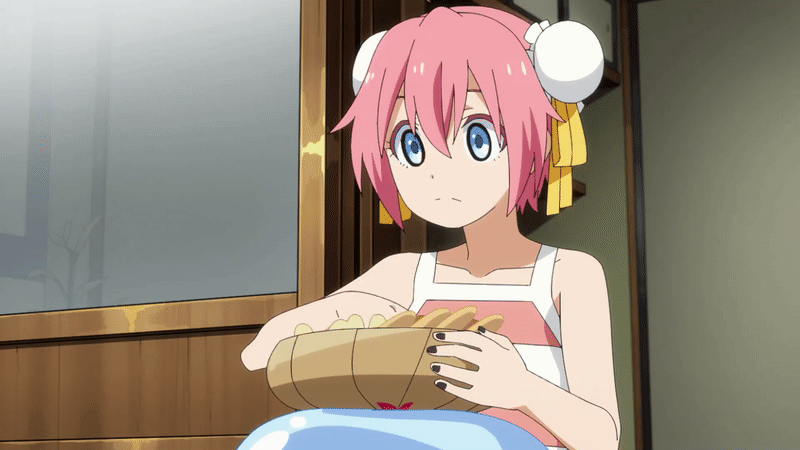 1girl 1other animated animated_gif black_nails blue_eyes bowl bun_cover double_bun eating hair_bun milim_nava nail_polish official_art pink_hair plant ribbon rimuru_tempest screencap slime tank_top tensei_shitara_slime_datta_ken yellow_ribbon