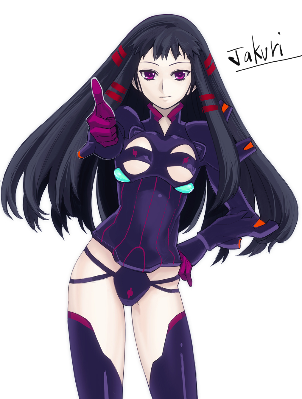 1girl ar_tonelico ar_tonelico_ii armor black_hair black_thighhighs bodysuit breasts character_name clothing_cutout contrapposto cowboy_shot female_focus gloves groin hand_on_own_hip highres jakuri_(ar_tonelico) leotard light_smile long_hair looking_at_viewer multicolored_hair outstretched_arm pale_skin pauldrons purple_eyes purple_thighhighs shoulder_armor sidelocks simple_background small_breasts solo standing streaked_hair tetsu_(kimuchi) thighhighs thumbs_up two-tone_hair underboob underboob_cutout vambraces very_long_hair white_background