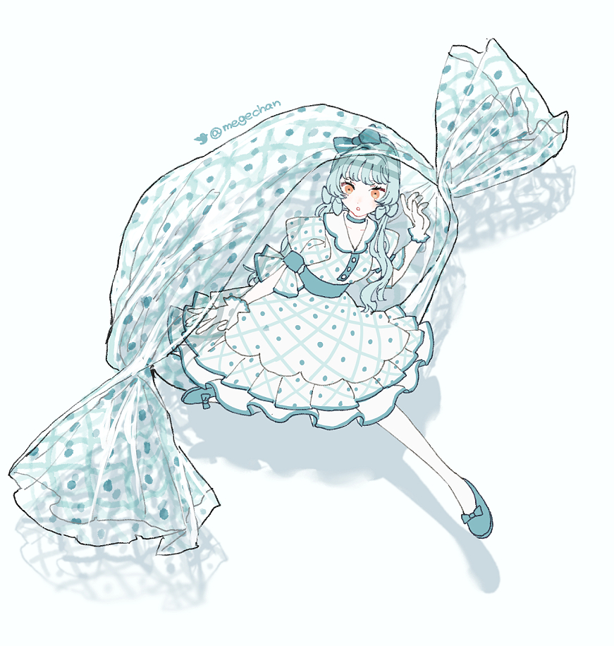 1girl :o blue_hair blush bow candy choker dress flats food footwear_bow frills gloves hair_bow hand_up layered_dress long_hair low_twintails mege_(megechan) mini_person minigirl open_mouth orange_eyes original pantyhose polka_dot polka_dot_dress puffy_sleeves three-quarter_sleeves solo twintails twitter_username wrapper