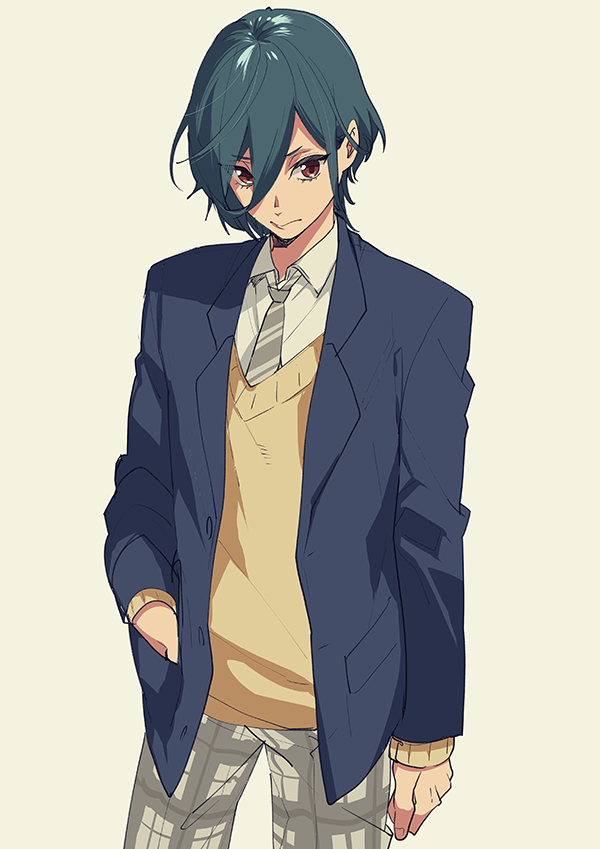 1boy blazer green_hair hand_in_pocket high_speed! kirishima_ikuya looking_at_viewer male_focus megumi-square necktie aged_up red_eyes school_uniform short_hair simple_background solo sweater
