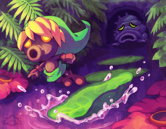 1boy aquanut blonde_hair brown_footwear brown_gloves deku_link deku_scrub flower gloves green_shorts jumping leaf lily_pad link male_focus nintendo octorok rafflesia_(flower) red_flower shorts solo splashing the_legend_of_zelda the_legend_of_zelda:_majora&#039;s_mask yellow_eyes