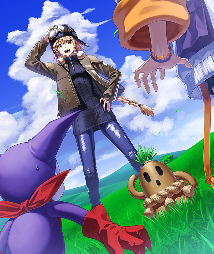 1boy 2girls bandana bandana_around_neck black_sweater blonde_hair blue_pants braid braided_ponytail brown_jacket demon_boy denim digimon digimon_(creature) digimon_card_game digimon_liberator gloves goggles goggles_on_head green_hair group_picture hanimon haniwa_(statue) impmon jacket kazuki_seihou kinosaki_mirai long_hair multiple_girls official_art on_grass open_clothes open_jacket pants red_bandana red_gloves standing sweater yuuki_(digimon)