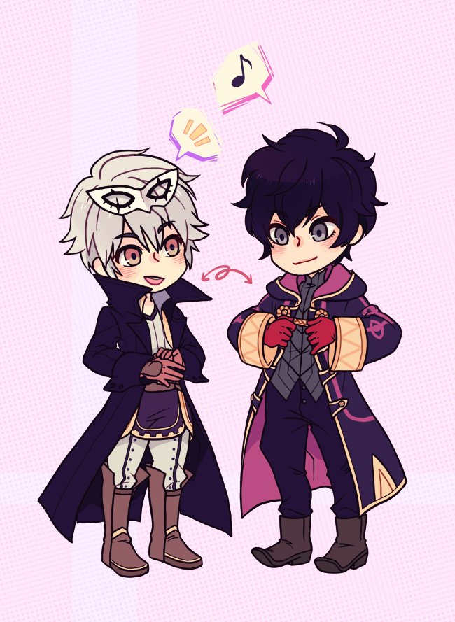 10s 2boys alisha_(heirror) amamiya_ren amamiya_ren_(cosplay) black_hair blush chibi coat cosplay costume_switch fire_emblem fire_emblem_awakening gloves hood male_focus male_robin_(fire_emblem) male_robin_(fire_emblem)_(cosplay) mask multiple_boys nintendo open_mouth persona persona_5 red_eyes robe short_hair simple_background smile super_smash_bros.