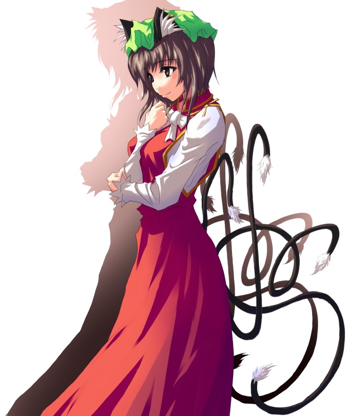 1girl animal_ears bad_id bad_pixiv_id brown_eyes brown_hair cat_ears cat_girl cat_tail chen dress earrings female_focus guang hat jewelry multiple_tails aged_up short_hair sigil solo tail touhou