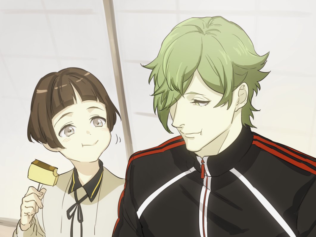 10s 2boys :t blunt_bangs bob_cut brown_hair cake castella_(food) eating food green_eyes green_hair greyscale hirano_toushirou looking_at_another male_focus monochrome multiple_boys touken_ranbu touken_ranbu:_hanamaru uguisumaru upper_body yukiyago