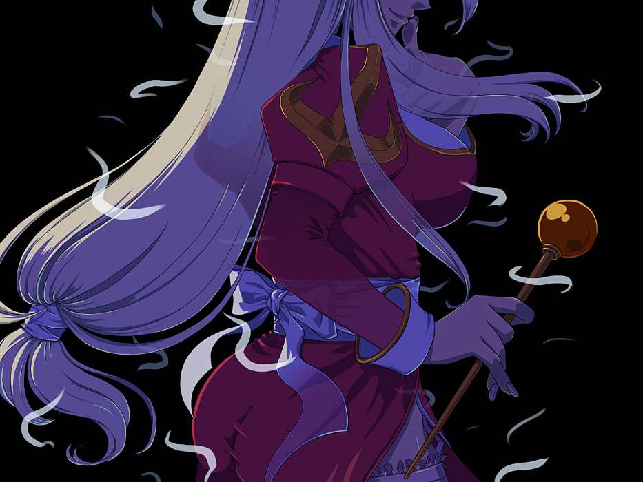 1girl ass bio_lab blonde_hair breasts female_focus frilled_thigh_strap garter_belt garter_straps head_out_of_frame high_priest_(ragnarok_online) lace lace-trimmed_legwear lace_trim large_breasts long_hair margaretha_sorin ragnarok_online ribbon side_slit smirk solo susukinohukurou thigh_strap thighhighs wand weapon