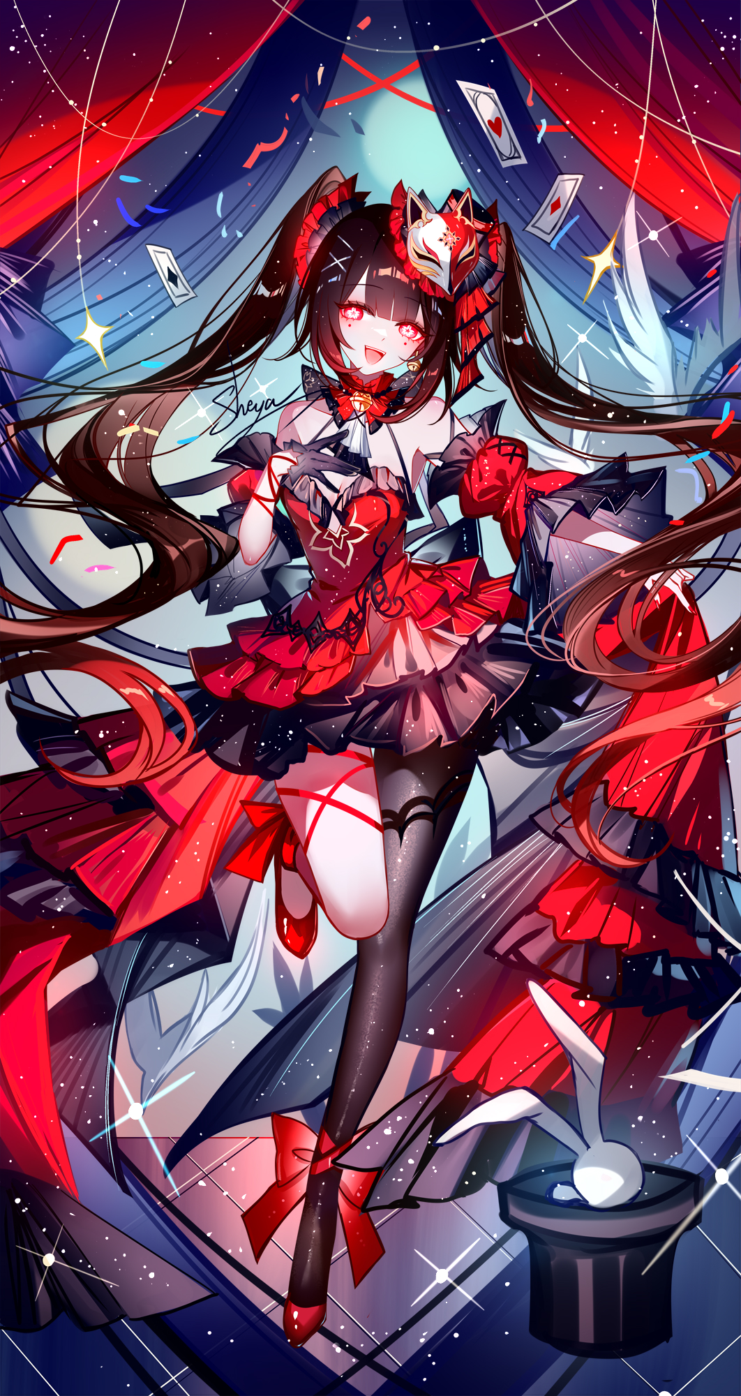 1girl artist_name bare_shoulders black_gloves black_hair black_pantyhose card collar detached_sleeves dress fox_mask frilled_dress frills gloves halter_dress halterneck highres honkai:_star_rail honkai_(series) honkai_impact_3rd long_hair mask mask_on_head nail_polish official_alternate_costume pantyhose pink_eyes playing_card red_collar red_dress red_nails red_shoes sheya shoes signature single_glove single_leg_pantyhose solo sparkle_(honkai:_star_rail) very_long_hair