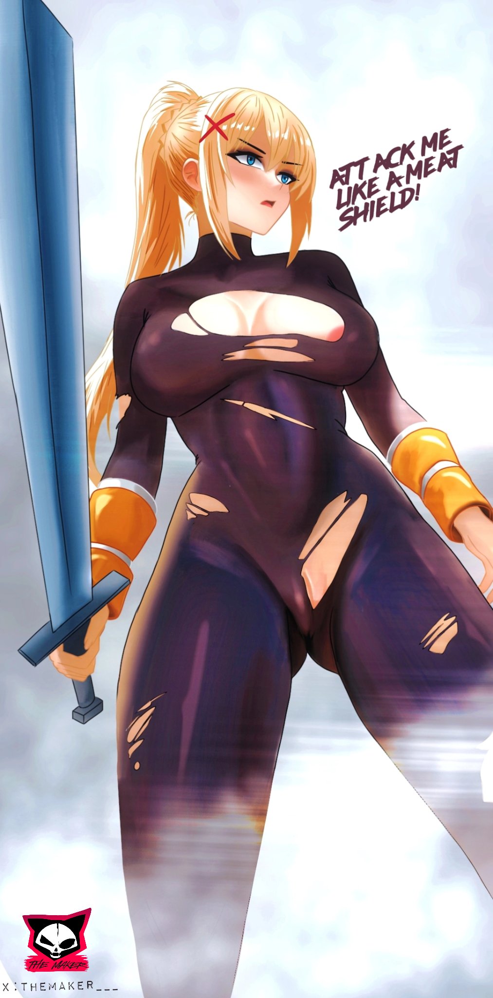 areola_slip blonde_hair blue_eyes cameltoe catsuit darkness_(konosuba) highres holding holding_sword holding_weapon kono_subarashii_sekai_ni_shukufuku_wo! muscular nipples paladin ponytail pussy pussy_peek spread_legs sword themaker tight_clothes torn_clothes turtleneck weapon