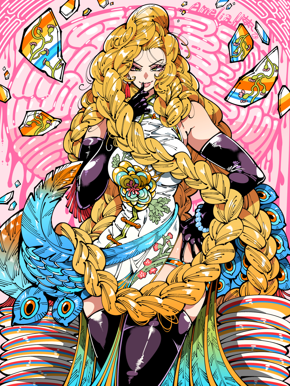 1girl blonde_hair braid breasts covered_navel cowboy_shot dress elbow_gloves facing_viewer feathers gloves green_eyes hand_on_own_hip hand_up highres kafun long_hair looking_at_viewer medium_breasts original purple_gloves purple_thighhighs solo tagme thighhighs thumb_to_mouth v-shaped_eyebrows very_long_hair