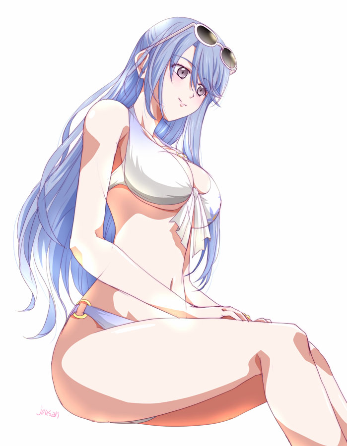 1girl artist_name bikini blue_hair breasts closed_mouth eyewear_on_head front-tie_bikini_top front-tie_top hair_between_eyes hokuto_mitsuki large_breasts long_hair parted_bangs purple_eyes sidelocks simple_background sitting smile solo sunglasses swimsuit tokyo_xanadu white_background white_bikini xiacheng_tatsuya