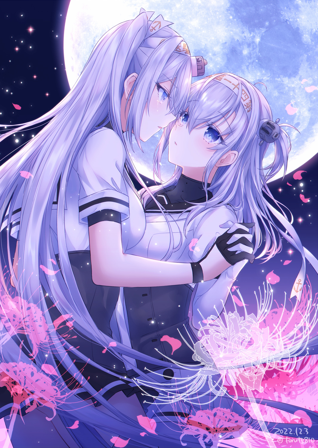 2girls black_gloves black_skirt blue_eyes blush bodysuit breasts commentary_request dated eye_contact flower full_moon fuyutsuki_(kancolle) gloves grey_hair hachimaki headband highres holding_hands kabocha_torute kantai_collection large_breasts long_hair looking_at_another medium_breasts moon multiple_girls night one_side_up outdoors parted_lips petals pleated_skirt sailor_collar school_uniform short_sleeves skirt spider_lily star_(sky) suzutsuki_(kancolle) tears twitter_username very_long_hair white_bodysuit white_flower white_headband white_sailor_collar white_skirt white_spider_lily yuri